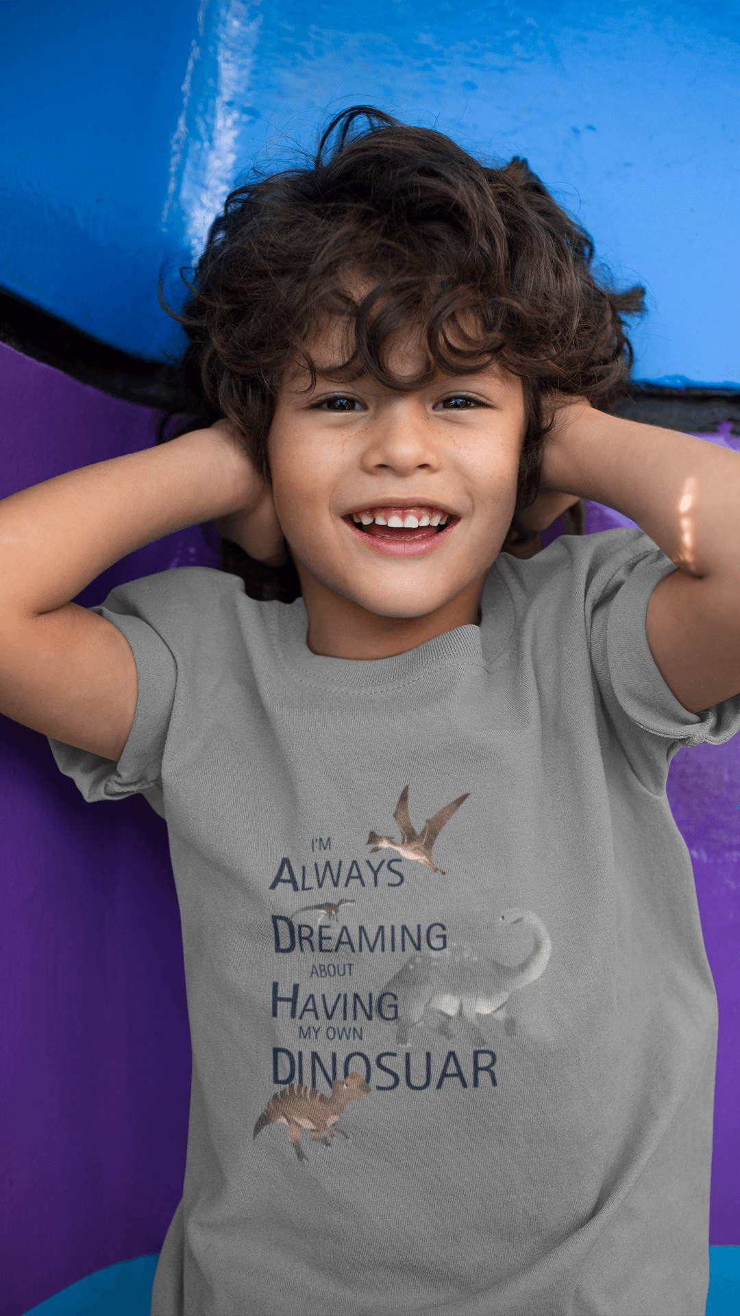 ADHD dinosaur t-shirt, Always Dreaming of Having a Dinosaur tee, kids and teen cotton crew neck, comfortable preshrunk cotton, quality locally printed apparel, neurodiversity-positive dinosaur clothing, variety of colours, youth paleoart design