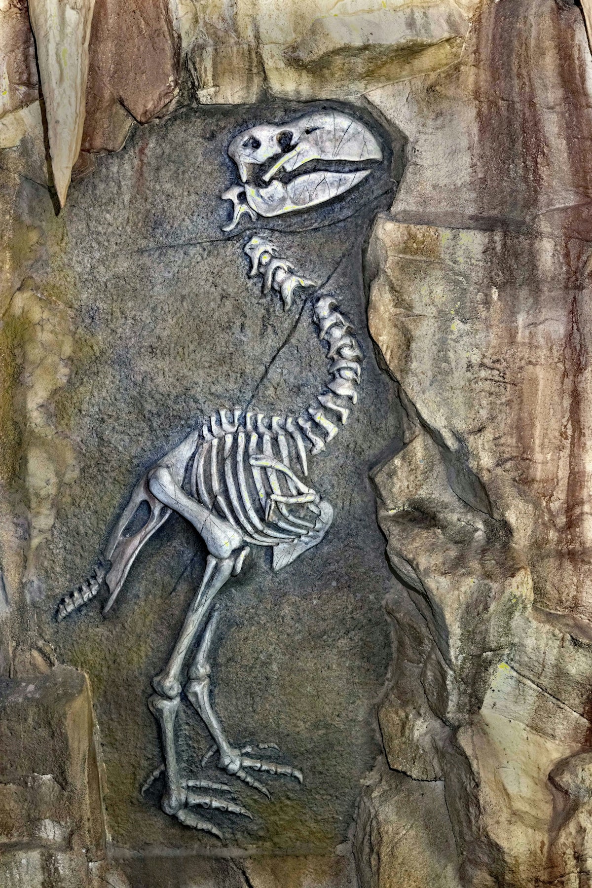 A painting of a dinosaur skeleton on a rock
