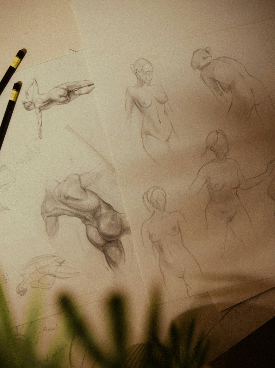 Pencil sketches of human figures and anatomy studies